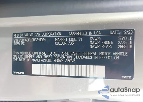 2024 Volvo S60 Recharge Plug-In Hybrid T8 Plus Dark Theme from USA, damaged, VIN 7JRH60FL9RG311094